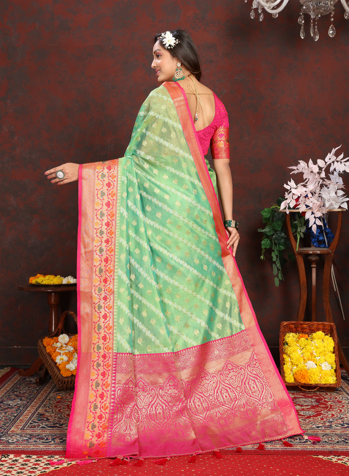 Classic pista green saree in soft organza with intricate detailing and a matching blouse piece, perfect for festive wear.