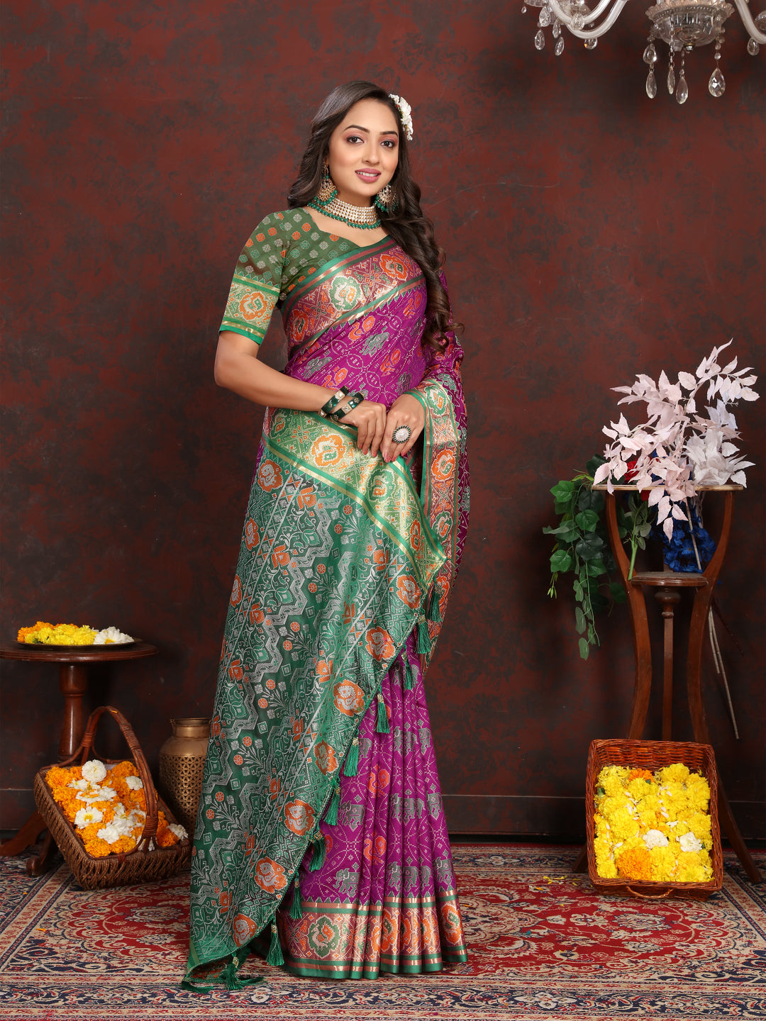 Gorgeous Purple Soft Patola Silk Saree featuring intricate meenakari work and a stylish designer blouse.