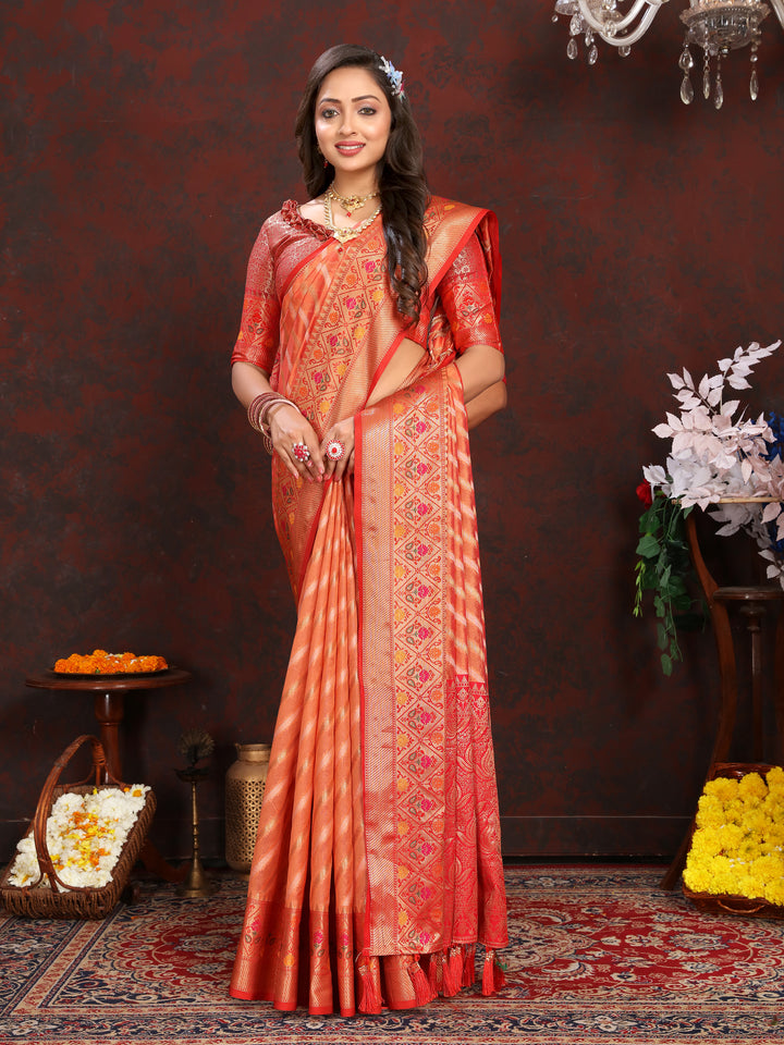 Radiant Orange Soft Organza Saadi with detailed work and a perfect balance of tradition and luxury for bridal wear.