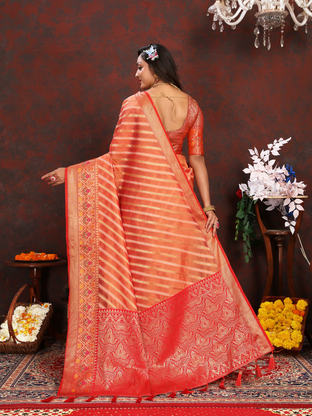 Beautiful Orange Soft Organza Saadi with intricate designs and traditional elegance for special events.