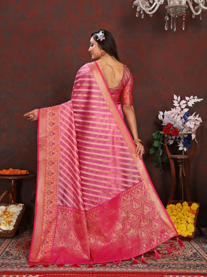 Beautiful Pink Soft Organza Saadi with detailed work and luxurious patterns for bridal and festive events.