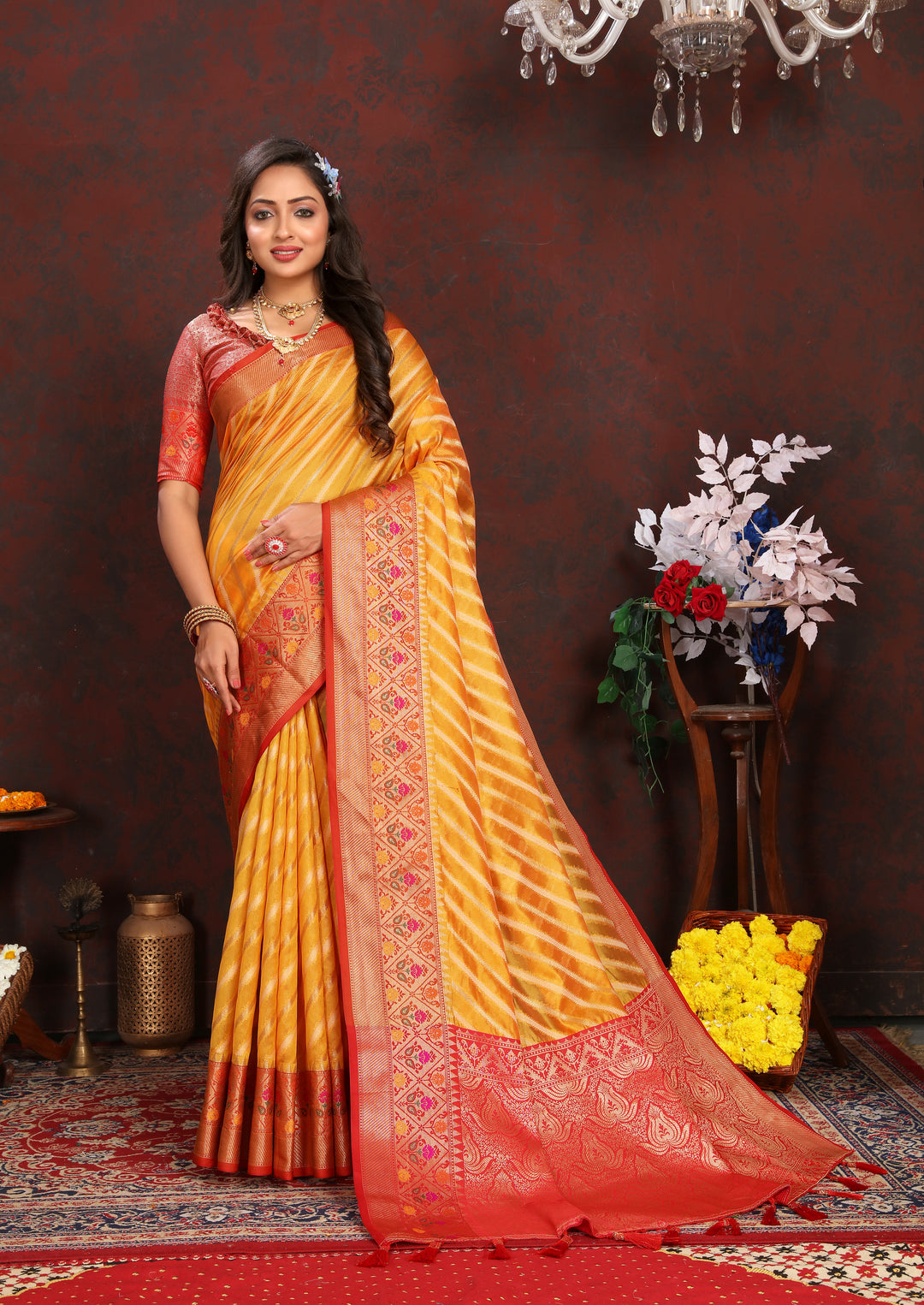 Radiant Yellow Organza Saadi with intricate patterns and a luxurious blend of tradition and modern style.