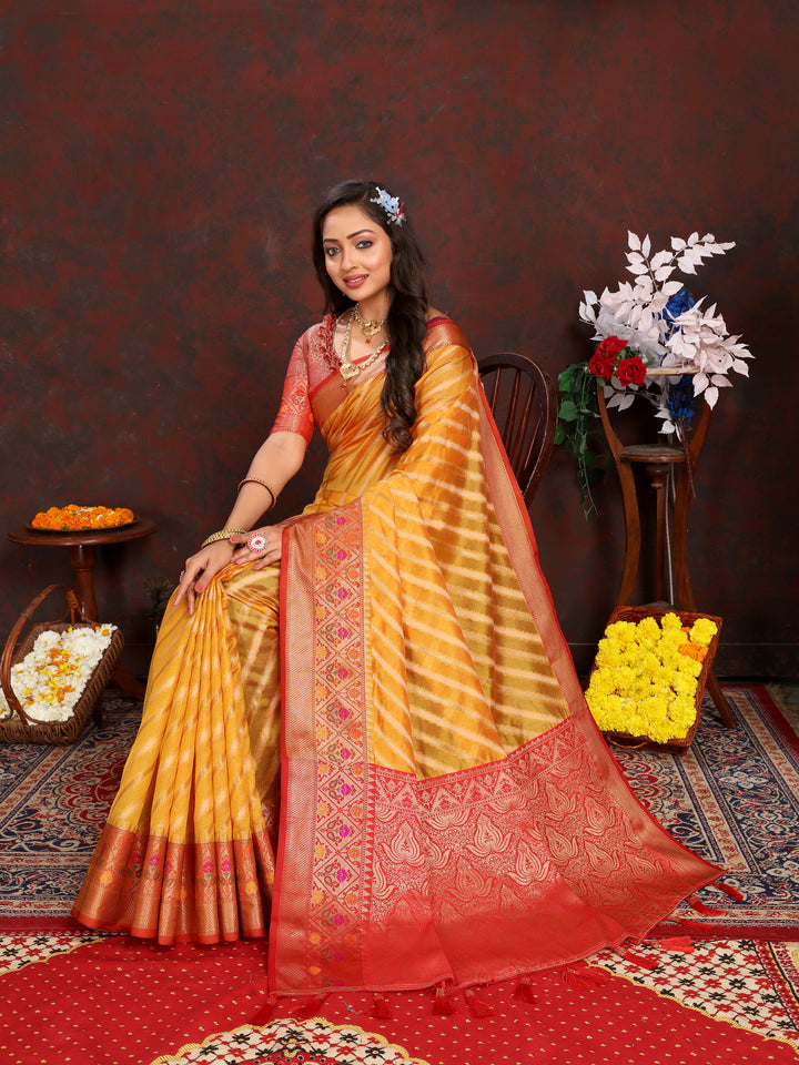 Stunning Yellow Organza Saadi featuring intricate embroidery and luxurious traditional appeal.