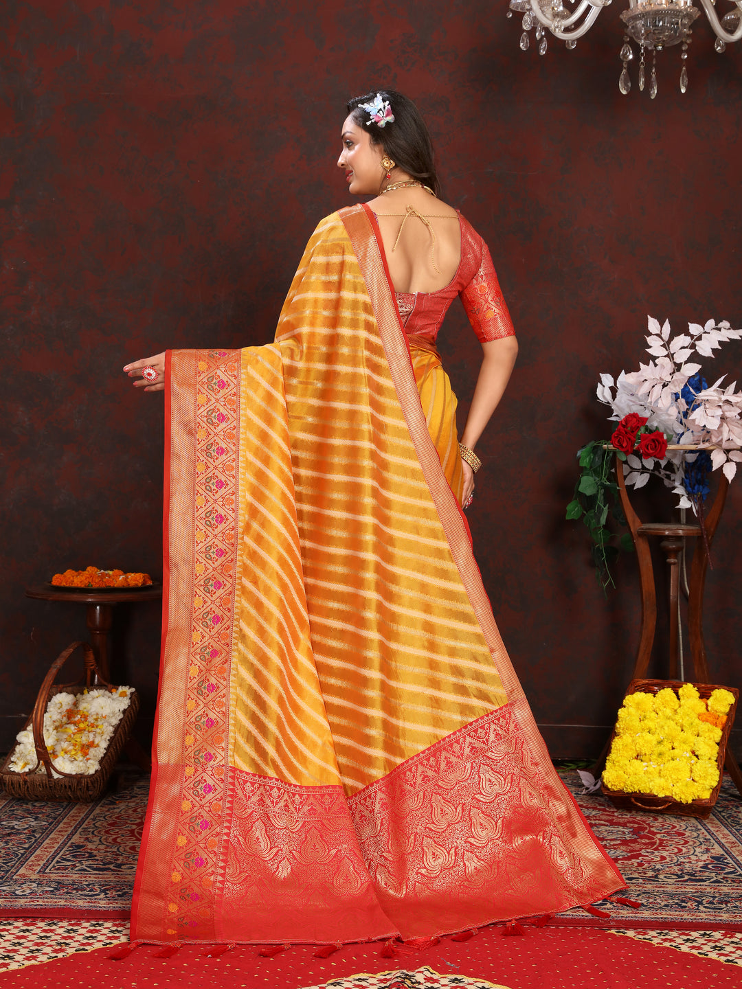 Premium Yellow Soft Organza Saadi with finely woven designs and rich detailing for festive occasions.