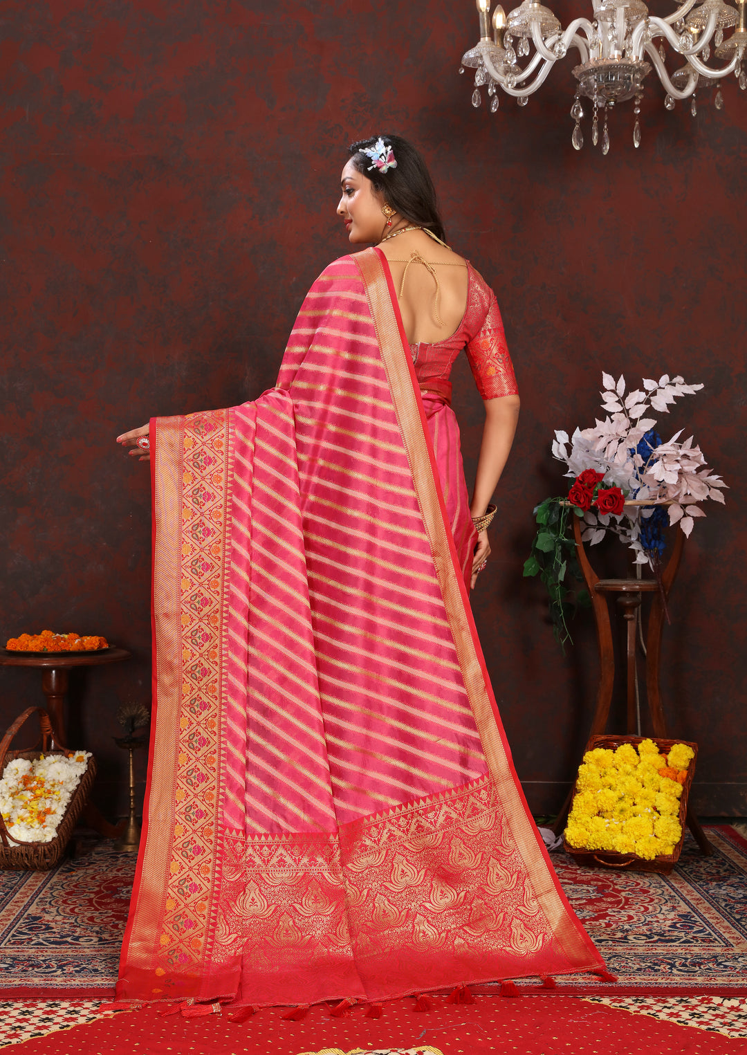 Beautiful Coral-Pink Soft Organza Saadi with exquisite detailing and a perfect blend of tradition and luxury.