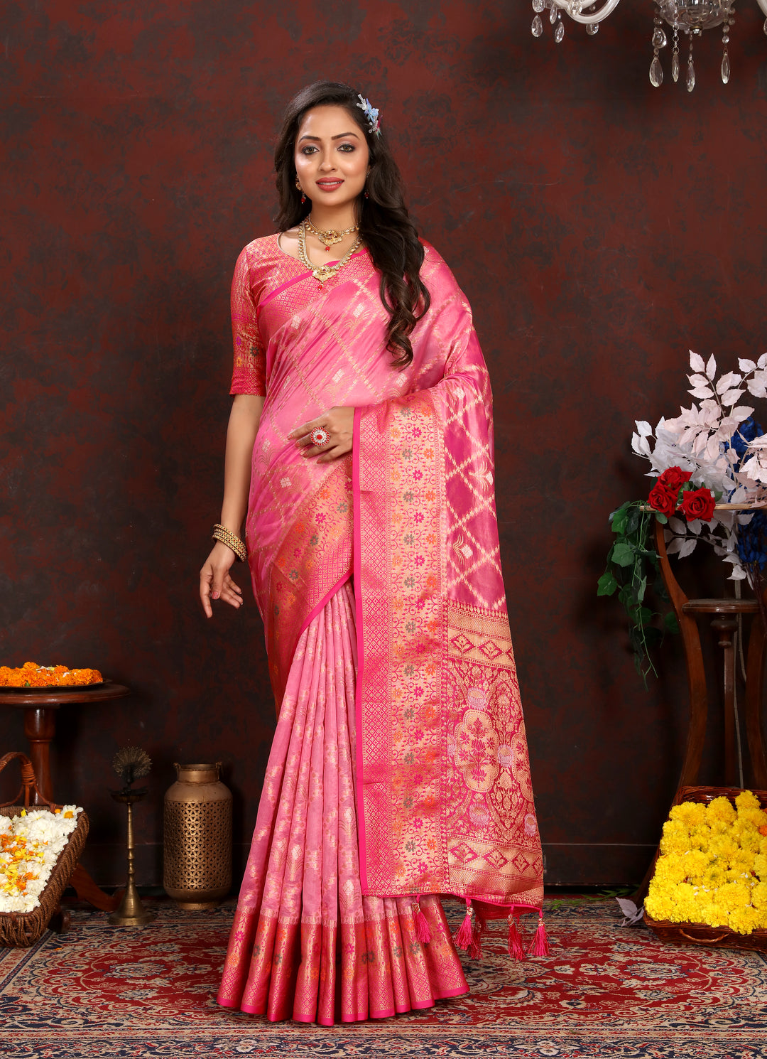 Pink Designer Organza silk sari with delicate detail, perfect for Indian celebrations.