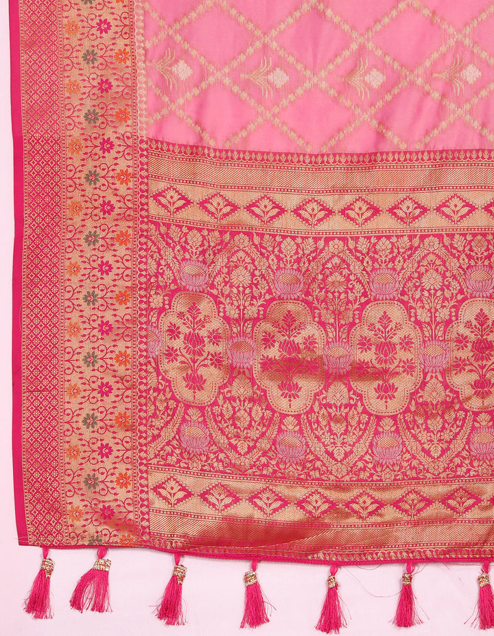 Vibrant pink Organza silk sari with detailed craftsmanship, ideal for weddings and parties.