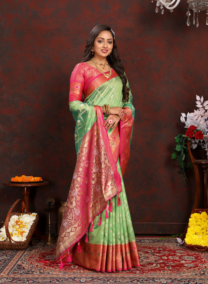 Designer green Organza silk sari with rich embroidery, perfect for traditional occasions.