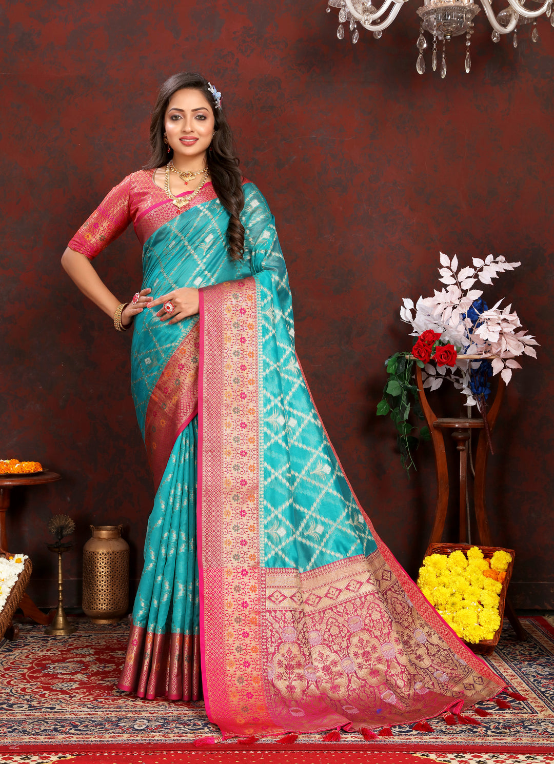 Sky blue Designer Organza silk sari with exquisite detail, perfect for Indian weddings.