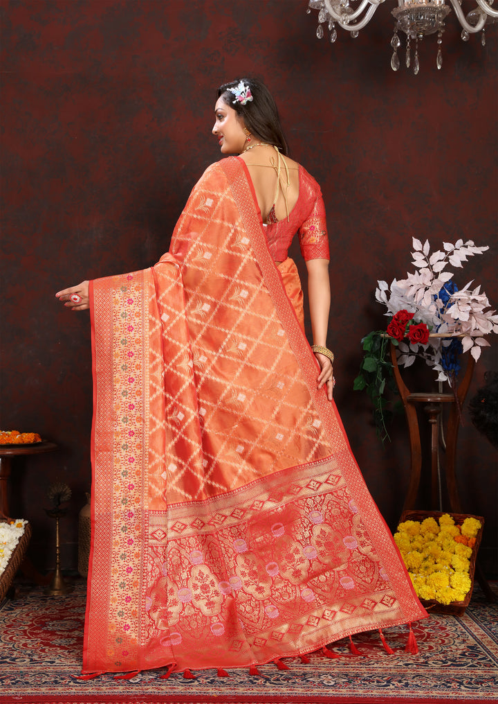 Sophisticated orange Organza silk sari with beautiful embroidery, ideal for festive occasions.