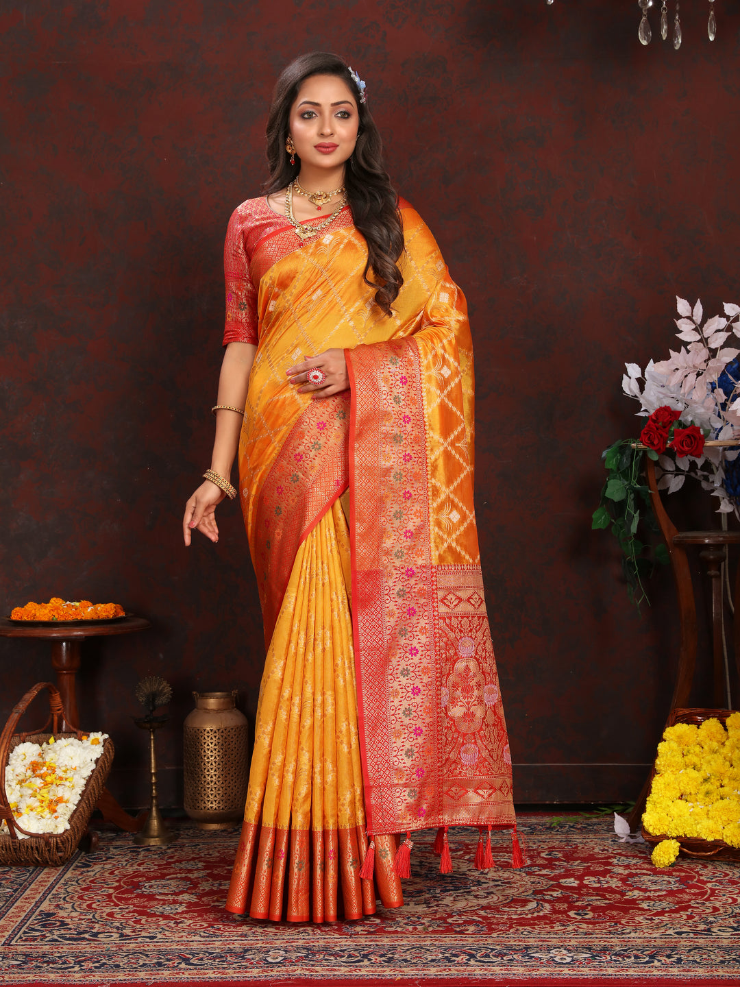 Classic orange Designer Organza silk sari with stunning embroidery, ideal for special occasions.