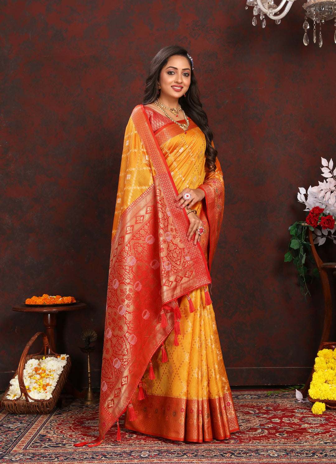 Yellow Designer Organza silk sari with delicate detail, perfect for Indian weddings.