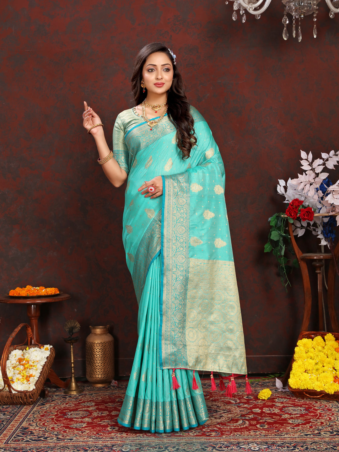 Stunning sea blue soft Katan silk saree with intricate zari work on the pallu, ideal for festive occasions.