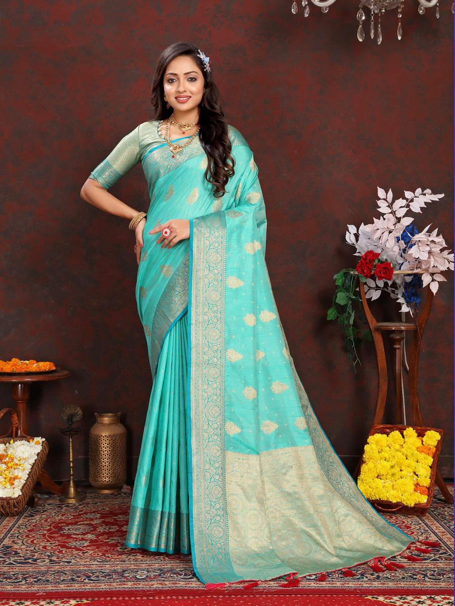 Elegant sea blue Katan silk saree with graceful zari-adorned pallu, perfect for weddings and cultural events.