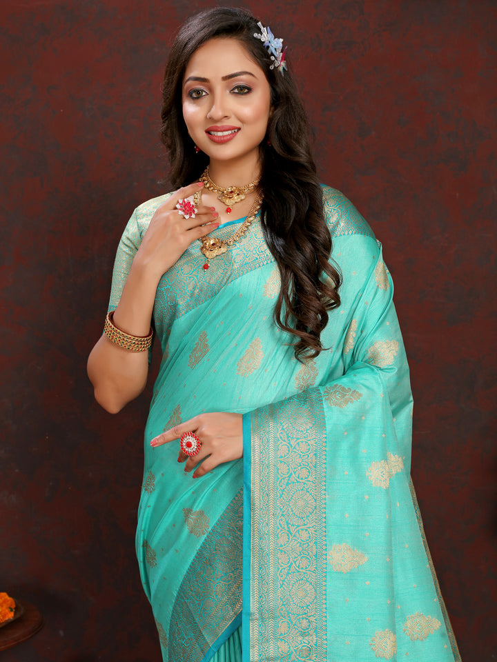 Timeless sea blue Katan silk saree with delicate zari detailing on the pallu, perfect for elegant gatherings.