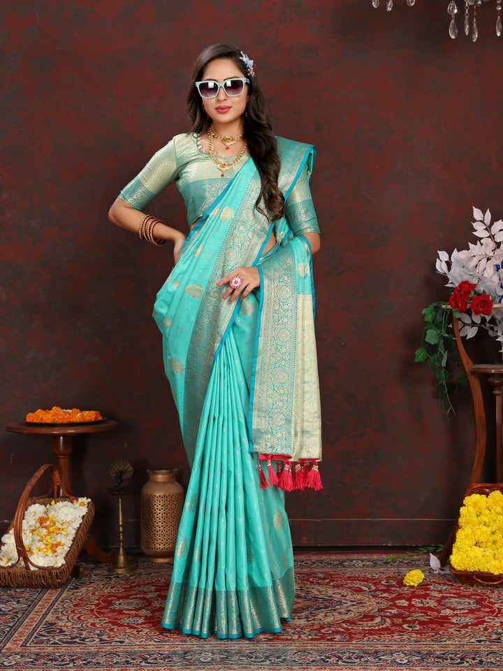 Beautiful sea blue Katan silk saree featuring a graceful zari-adorned pallu, ideal for traditional celebrations.