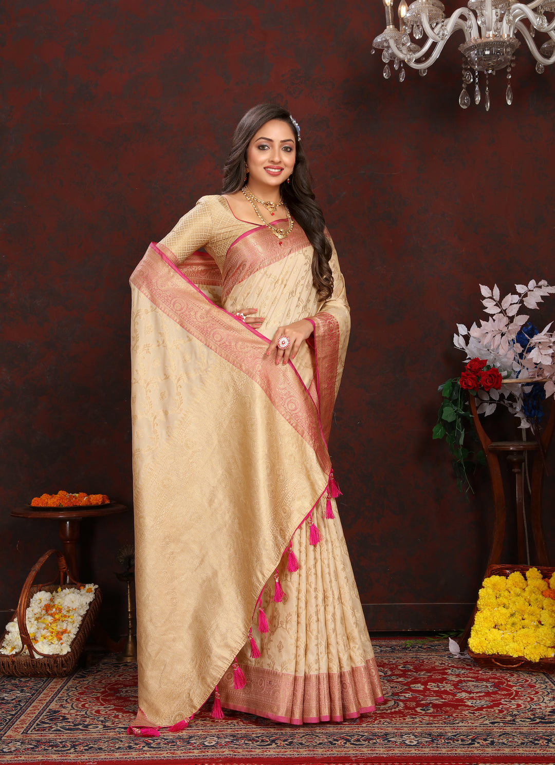 Sophisticated beige Katan silk saree with delicate zari detailing, perfect for weddings and cultural events.