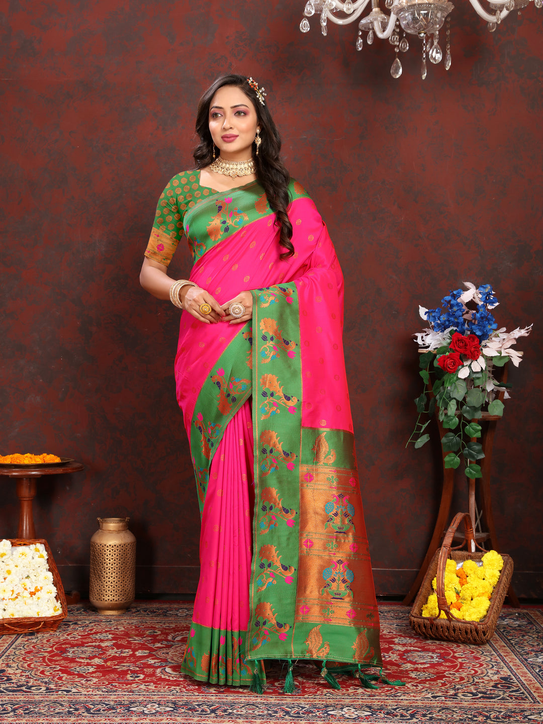 Graceful wine Paithani Saree with zari border, perfect for wedding celebrations in the USA.