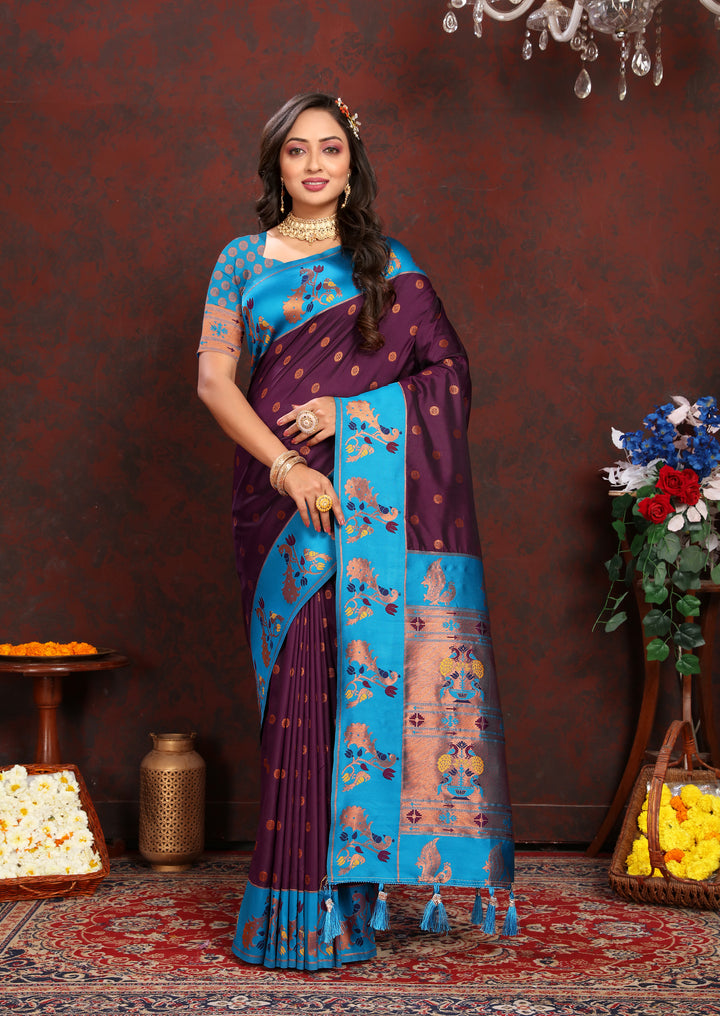 Wine Paithani Saree with intricate zari border, a beautiful option for weddings.