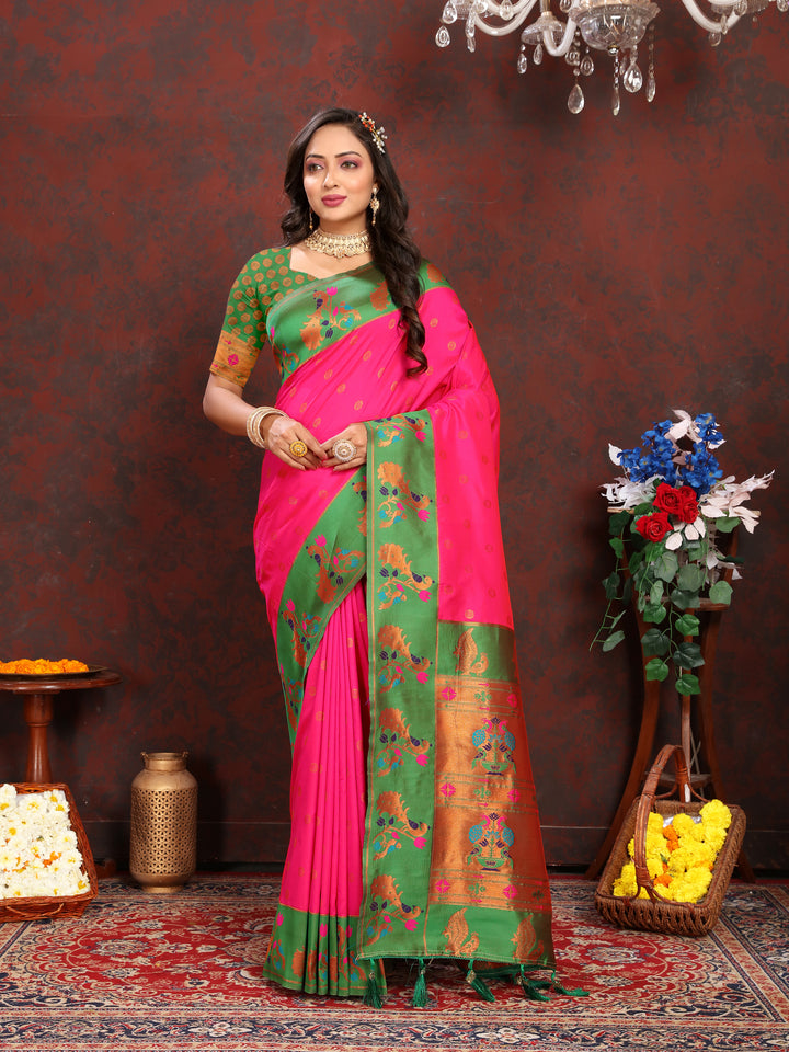 Green Paithani Saree with zari border, a vibrant choice for Indian weddings in the USA.