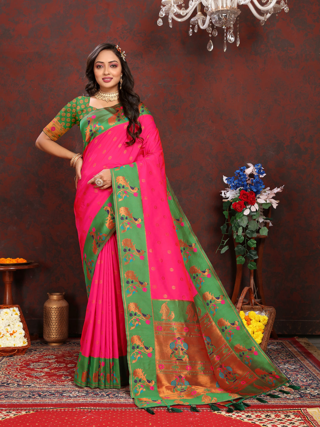 Elegant green Paithani Saree with zari border for a traditional wedding look in the USA.