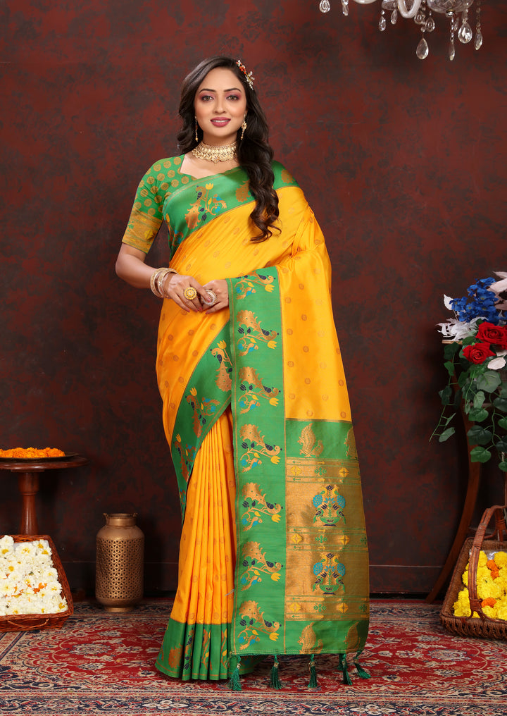 USA's favorite blue Paithani Saree with contrast zari border, great for weddings.