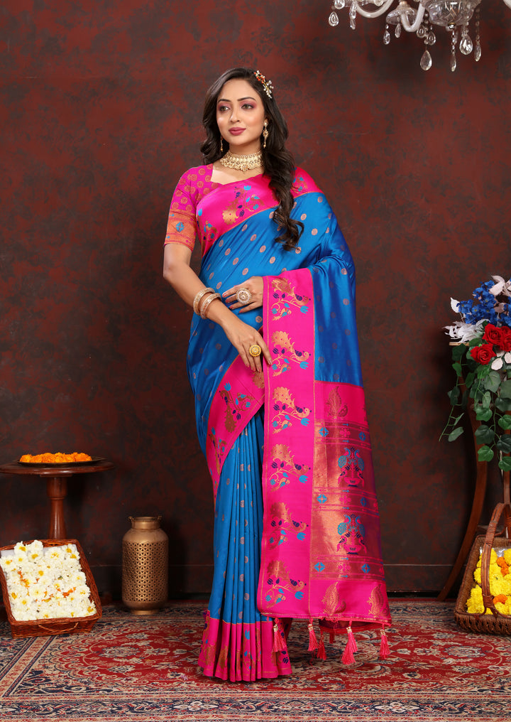 Pink Paithani Saree with zari border, ideal for weddings in the USA.