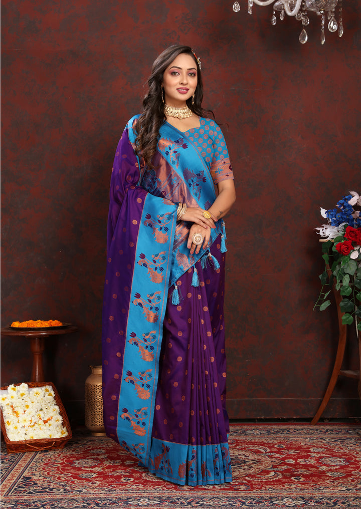 Stunning sea-blue Paithani Saree with contrast zari border, perfect for USA weddings.