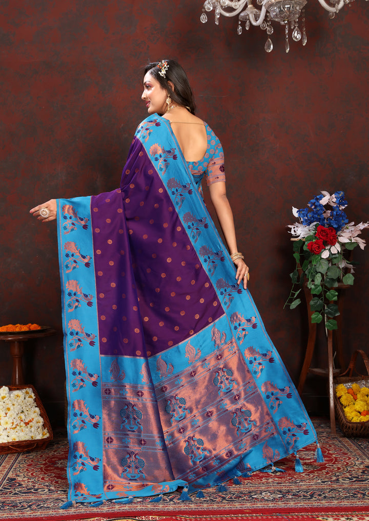 Sea-blue Paithani Saree with intricate zari border, ideal for USA wedding celebrations.