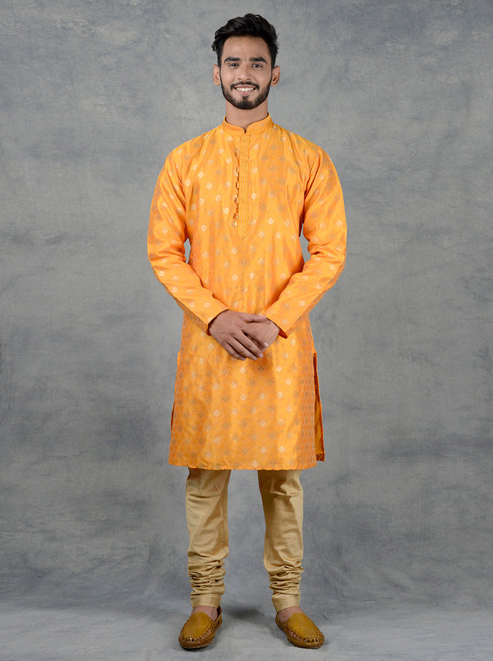 Make a lasting impression with our high-quality Jacquard yellow kurta set for men.