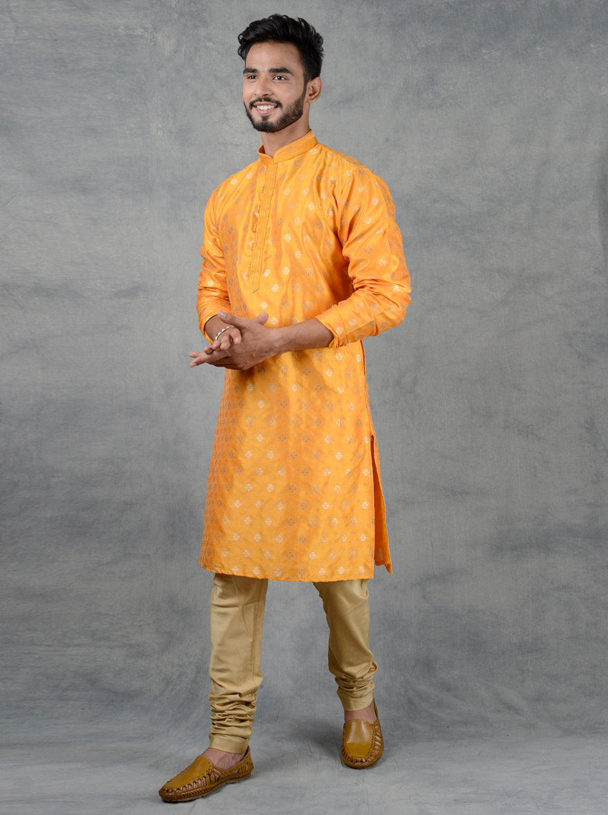 Unique self-design makes this yellow kurta set ideal for festive occasions in the USA.