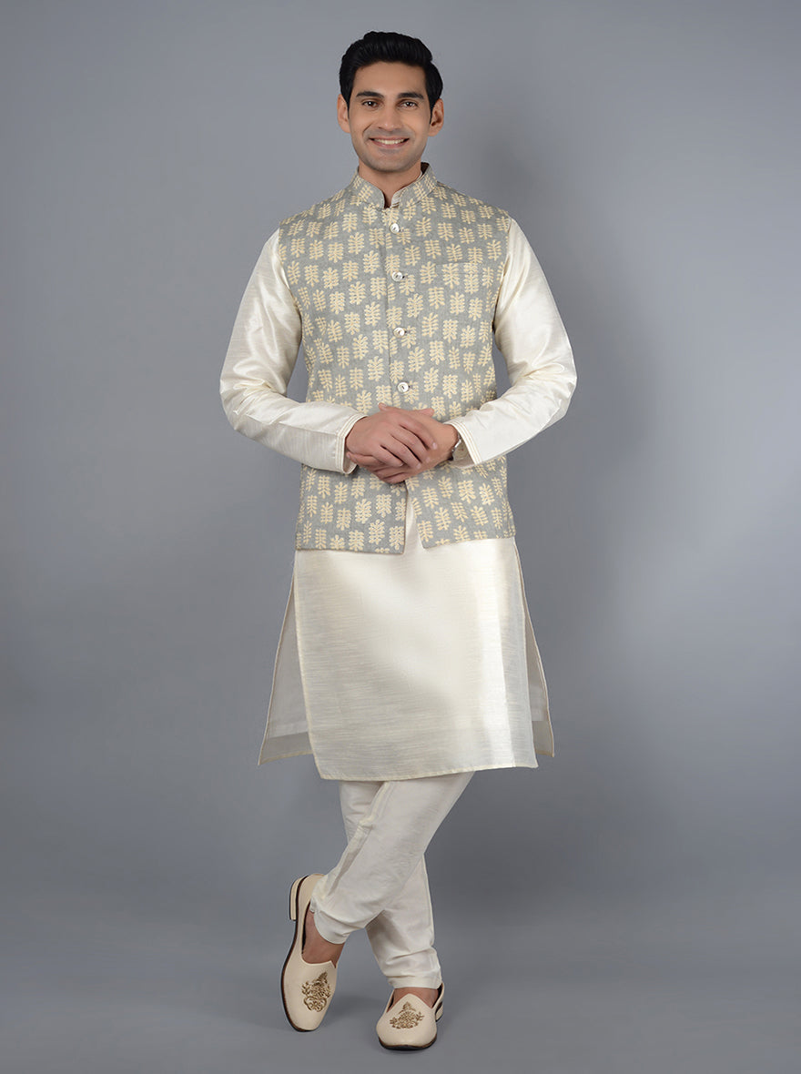 Elegant grey & beige Bandhgala jacket designed for special occasions, perfect for modern ethnic wear.