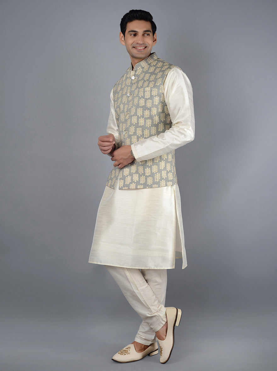 Modern grey and beige Bandhgala jacket, perfect for weddings and special events, exuding timeless charm.