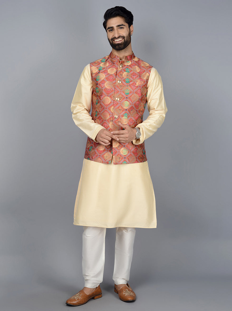 Traditional red Bandhgala jacket crafted from silk jacquard, combining charm with elegance for festive events.