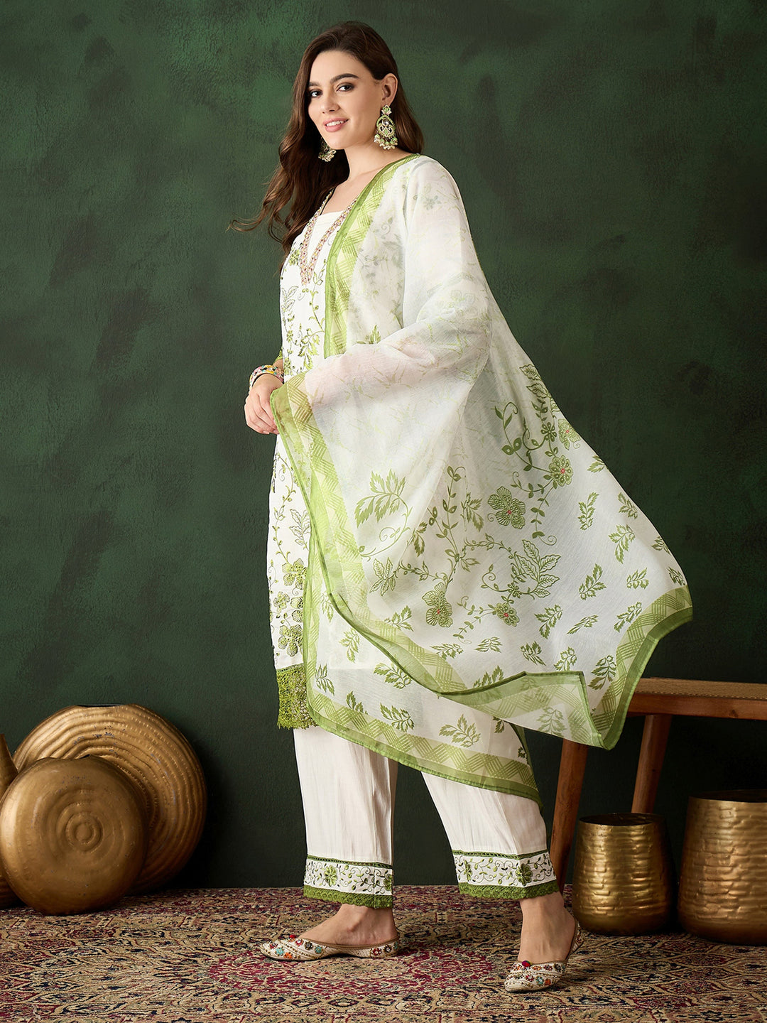 Attractive Olive Green Embroidered Silk Festival Wear Pant Suit