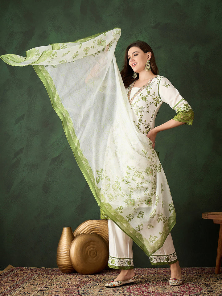 Attractive Olive Green Embroidered Silk Festival Wear Pant Suit