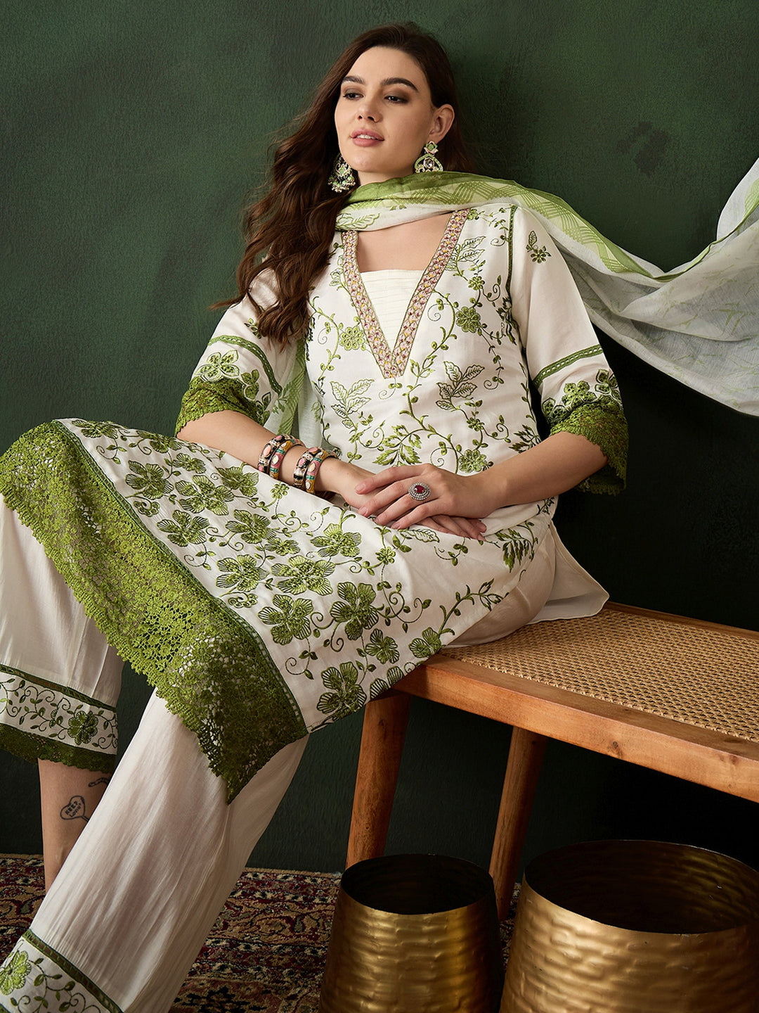 Attractive Olive Green Embroidered Silk Festival Wear Pant Suit