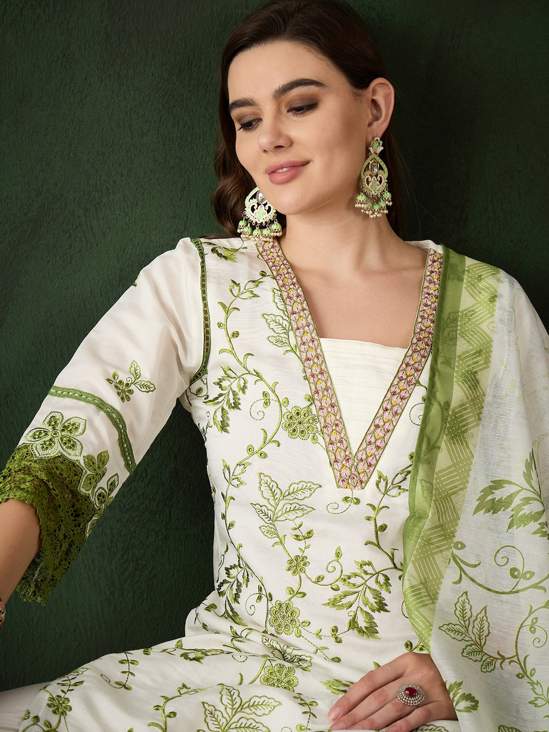 Attractive Olive Green Embroidered Silk Festival Wear Pant Suit