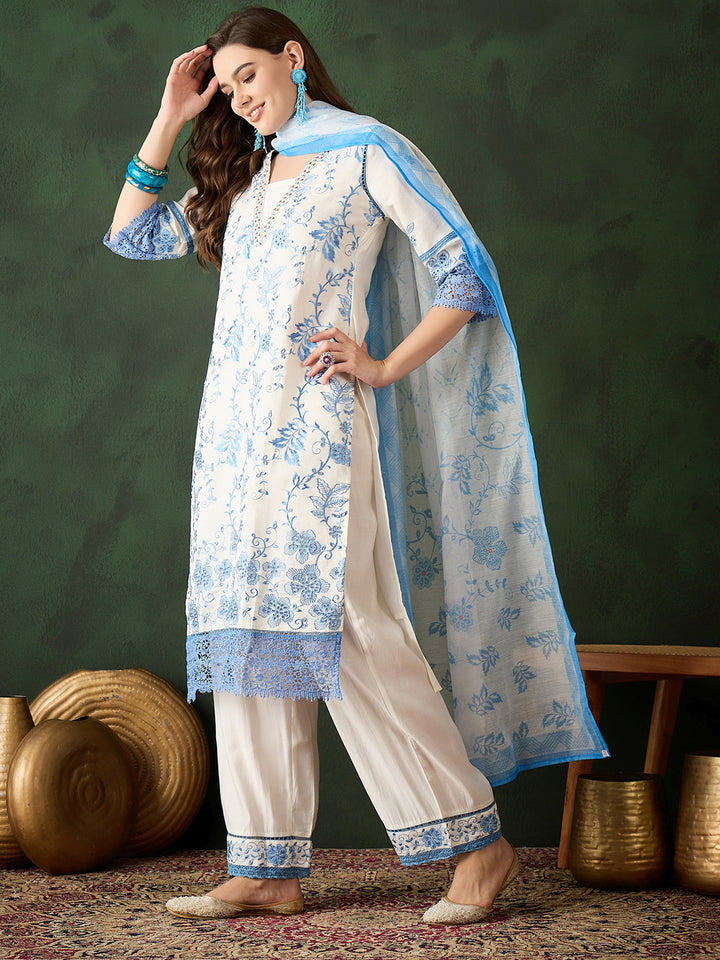 Beautiful Blue Embroidered Silk Event Wear Pant Suit With Dupatta