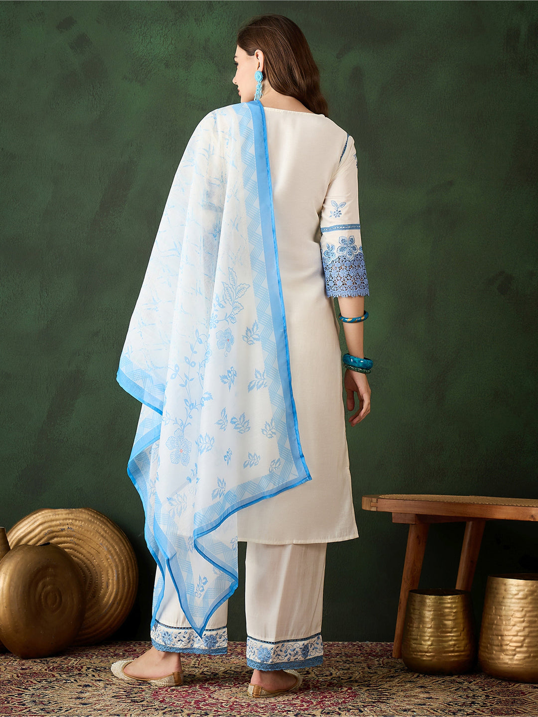 Beautiful Blue Embroidered Silk Event Wear Pant Suit With Dupatta