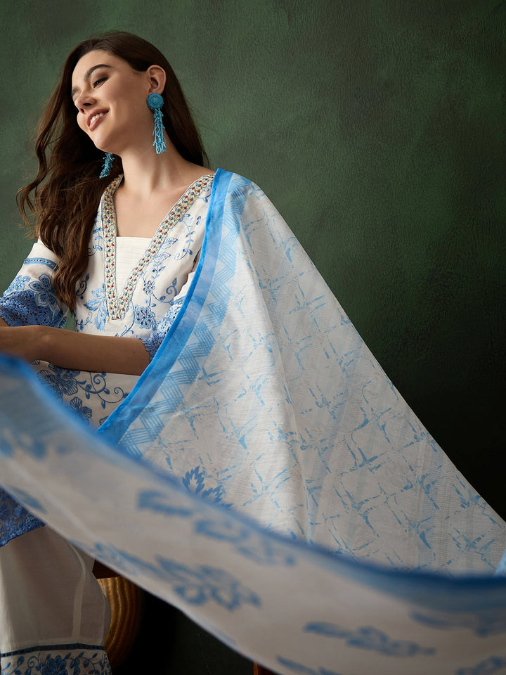 Beautiful Blue Embroidered Silk Event Wear Pant Suit With Dupatta