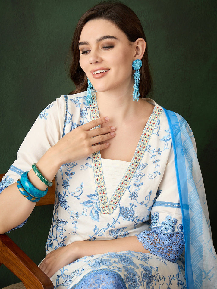 Beautiful Blue Embroidered Silk Event Wear Pant Suit With Dupatta