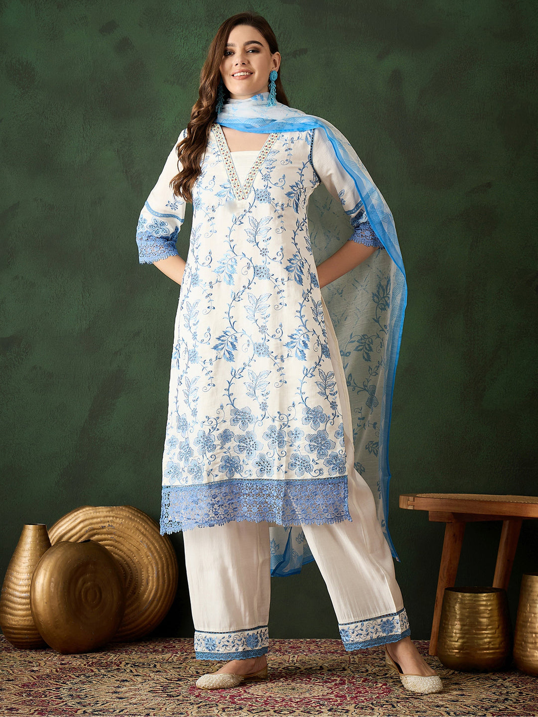 Beautiful Blue Embroidered Silk Event Wear Pant Suit With Dupatta