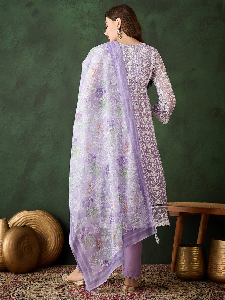 Stunning Lavender Embroidered Organza Pant Suit With Dupatta