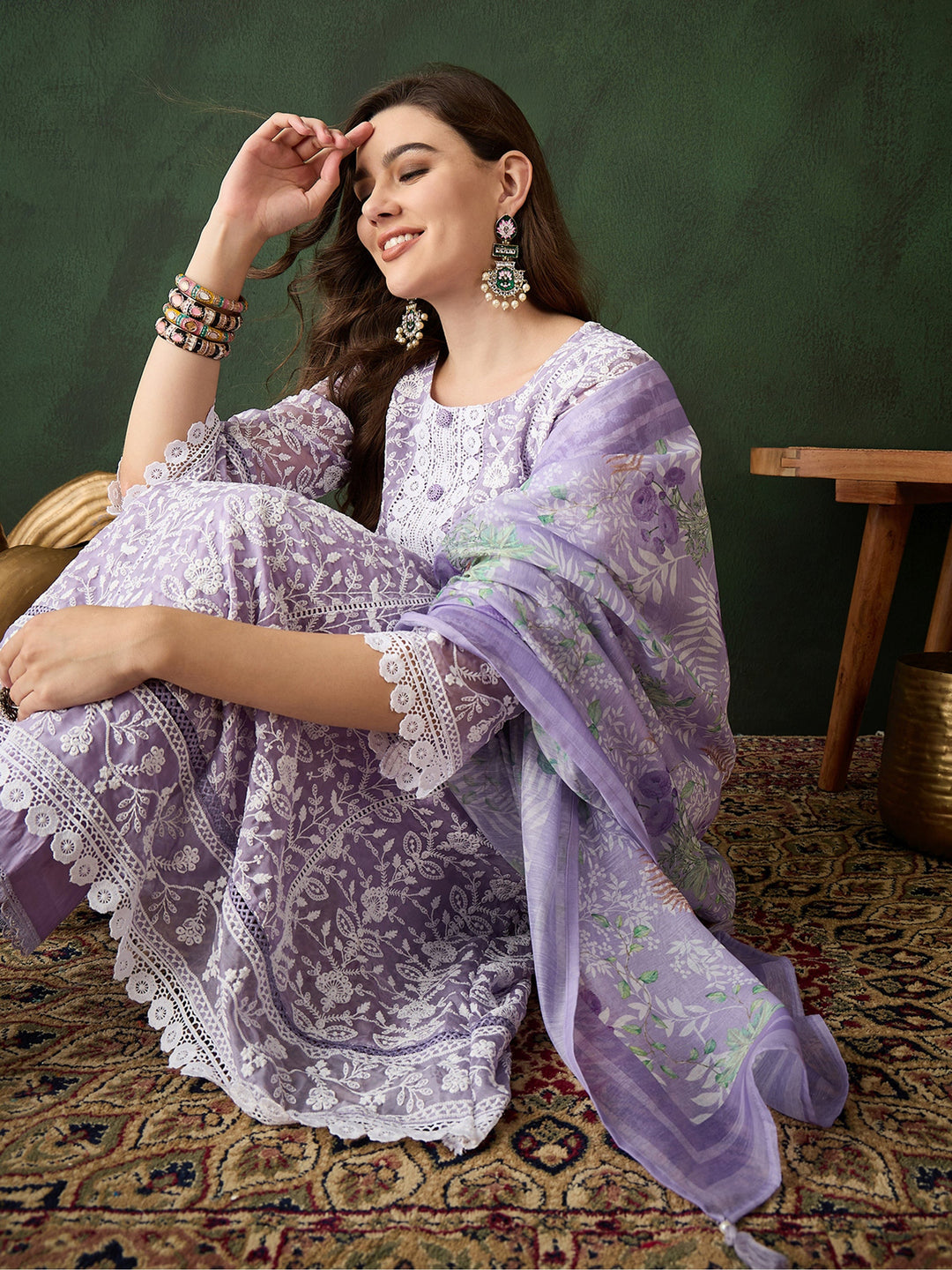 Stunning Lavender Embroidered Organza Pant Suit With Dupatta