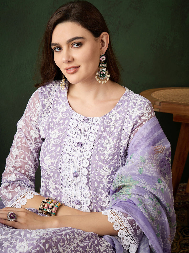 Stunning Lavender Embroidered Organza Pant Suit With Dupatta