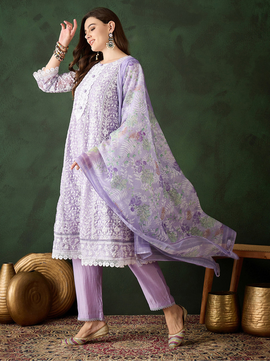 Stunning Lavender Embroidered Organza Pant Suit With Dupatta