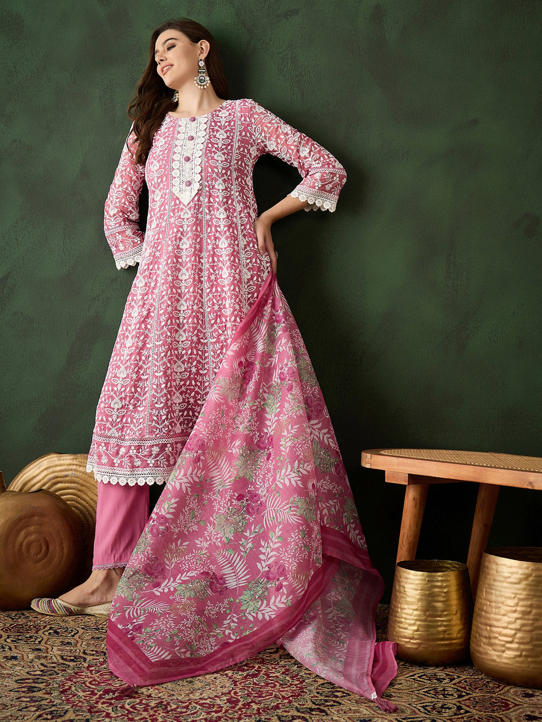 Gorgeous Pink Embroidered Organza Festival Wear Pant Suit