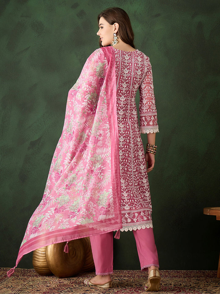 Gorgeous Pink Embroidered Organza Festival Wear Pant Suit