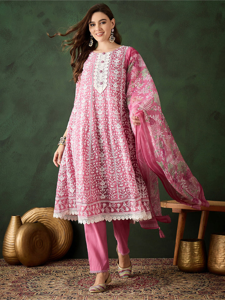 Gorgeous Pink Embroidered Organza Festival Wear Pant Suit